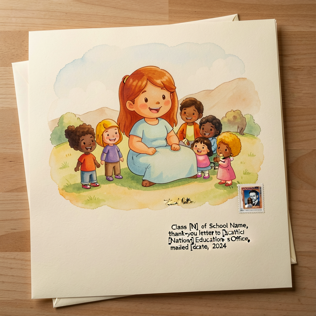 Photo 8x10 of finalized class letter on heavy cream paper, fully signed by all students, with the envelope addressed in 