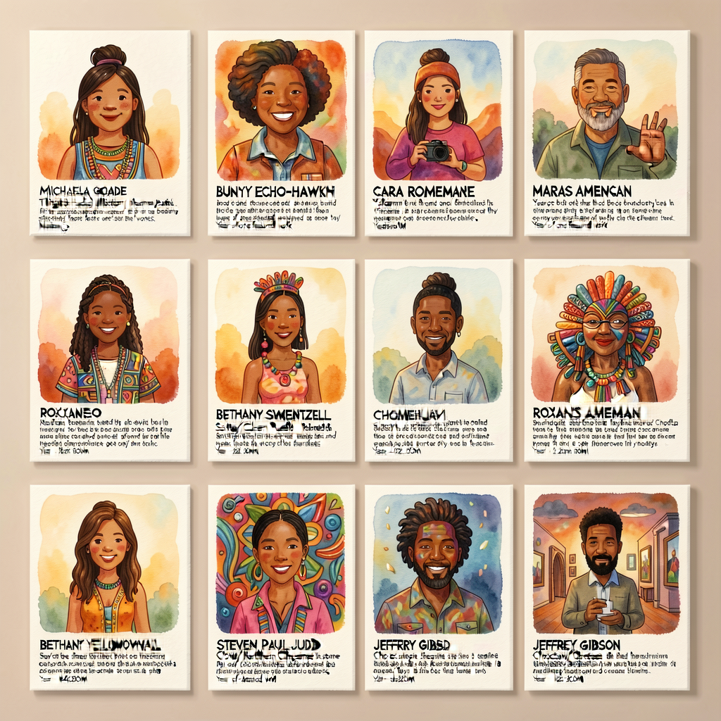 Wall gallery 36x48, 4x2 grid of 8 artist cards. Each card: artist portrait (small headshot), name in bold, nation(s), me