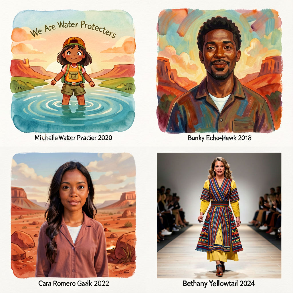 4 photos arranged in a 2x2 grid: (1) Michaela Goade illustration from We Are Water Protectors 2020 - water-protector gir