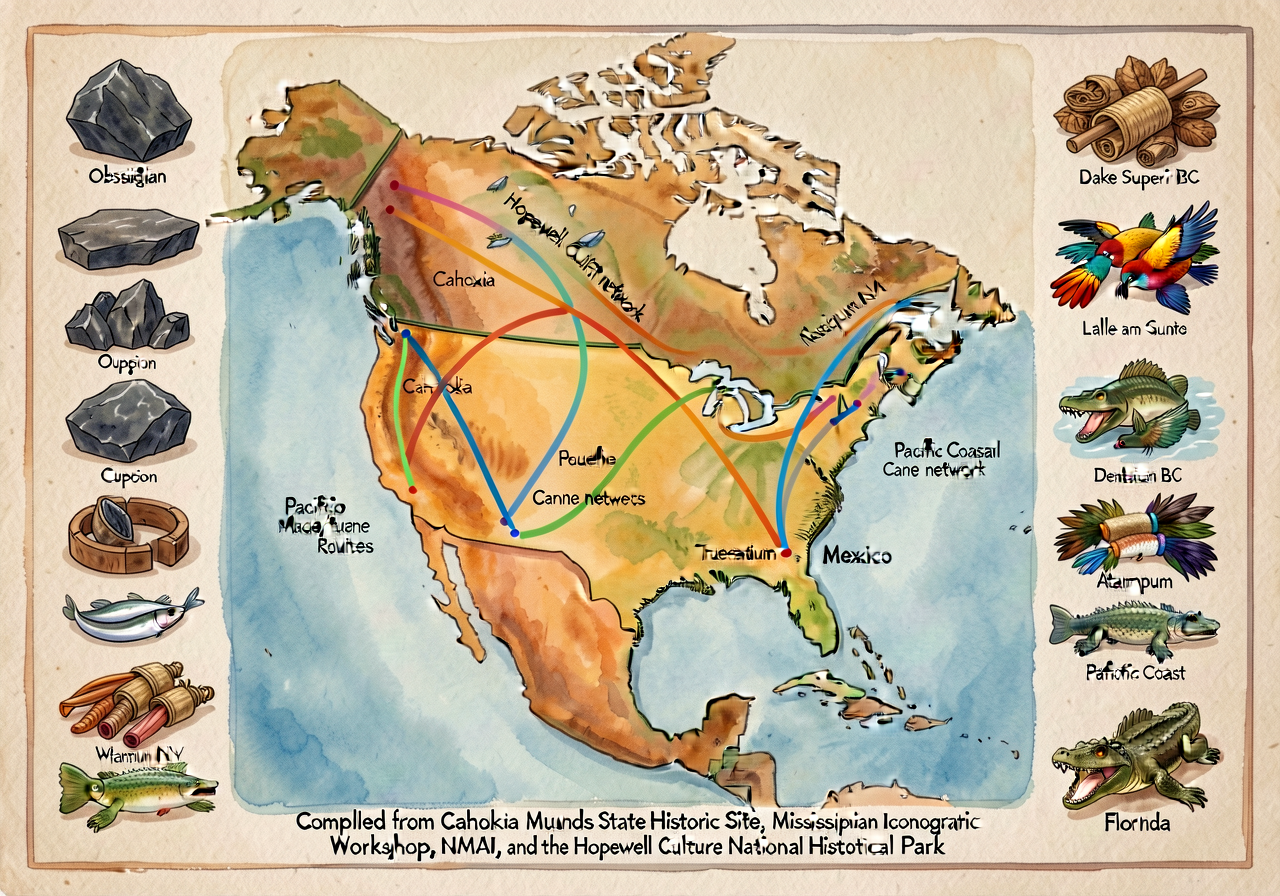 Wall map 36x48, North America c.1500, with major Indigenous trade routes drawn as colored arcs: (1) Hopewell network (Oh
