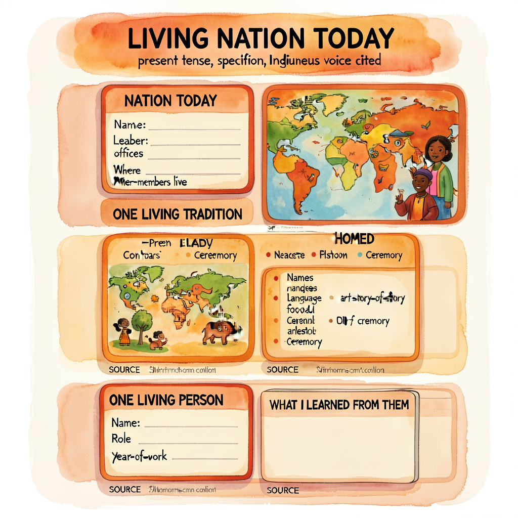 Template poster 24x36 portrait, 5 labeled panels stacked: (1) NATION TODAY box with name/leader/offices/where-members-li