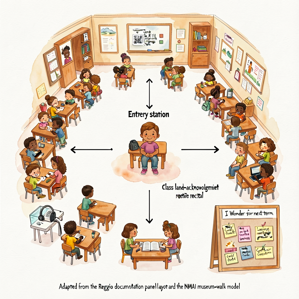 Layout map 24x18, top-down view of classroom showing the gallery layout: 22 child stations arranged in a U around the ro