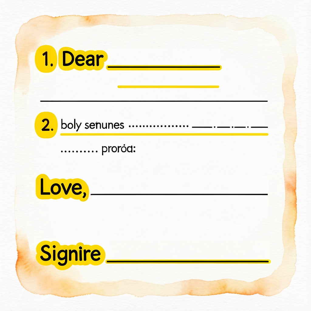Friendly-letter template card showing the 4 punctuation slots: (1) Dear ___, (greeting comma); (2) body sentences with p