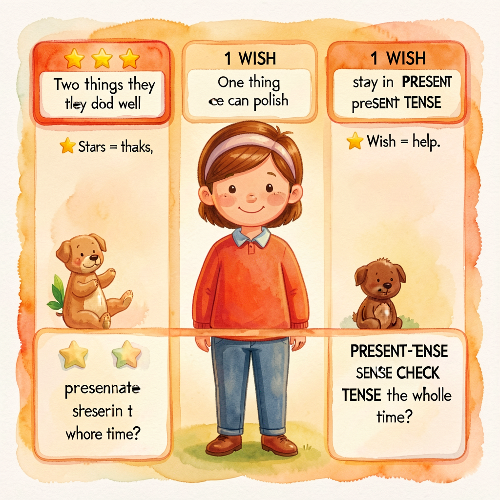 Card 8.5x11, 3 sections: (1) 2 STARS box 'Two things they did well'; (2) 1 WISH box 'One thing they can polish'; (3) PRE