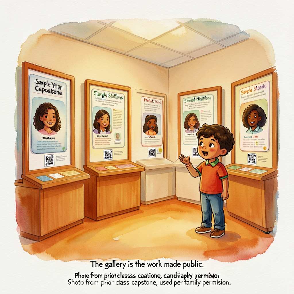 Photo 8x10 of previous-year capstone gallery showing 5 sample stations with profiles on display, QR codes visible, child