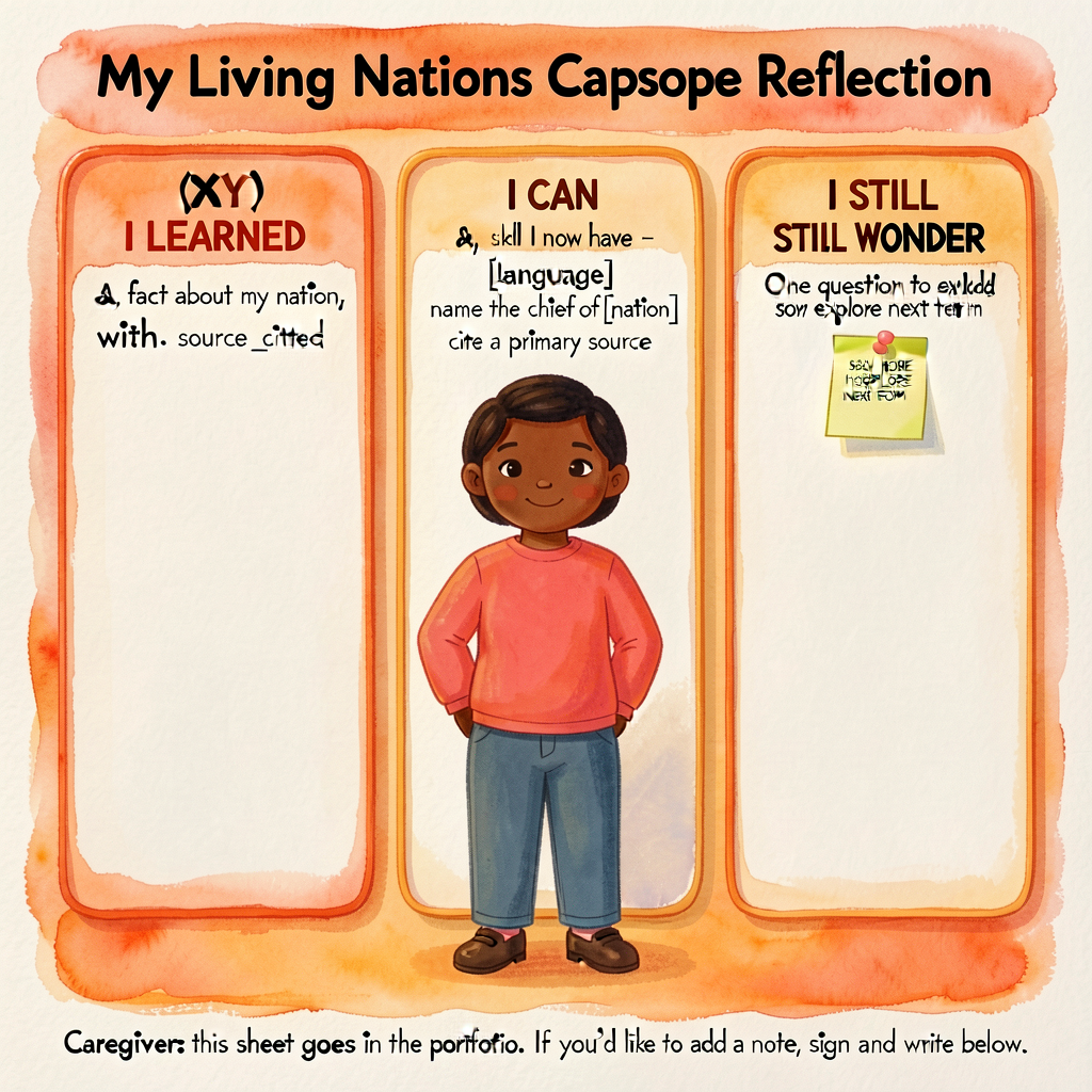 Sheet 11x17, 3 large boxes with handwriting space: (1) I LEARNED (a fact about my nation, with source cited); (2) I CAN 