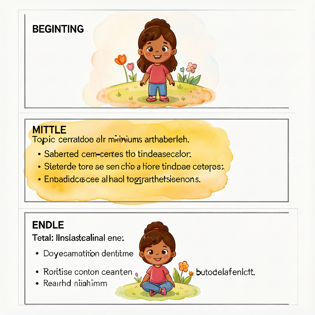 Three-paragraph storyboard: panel 1 BEGINNING (paragraph 1), panel 2 MIDDLE (paragraph 2, highlighted), panel 3 END (par