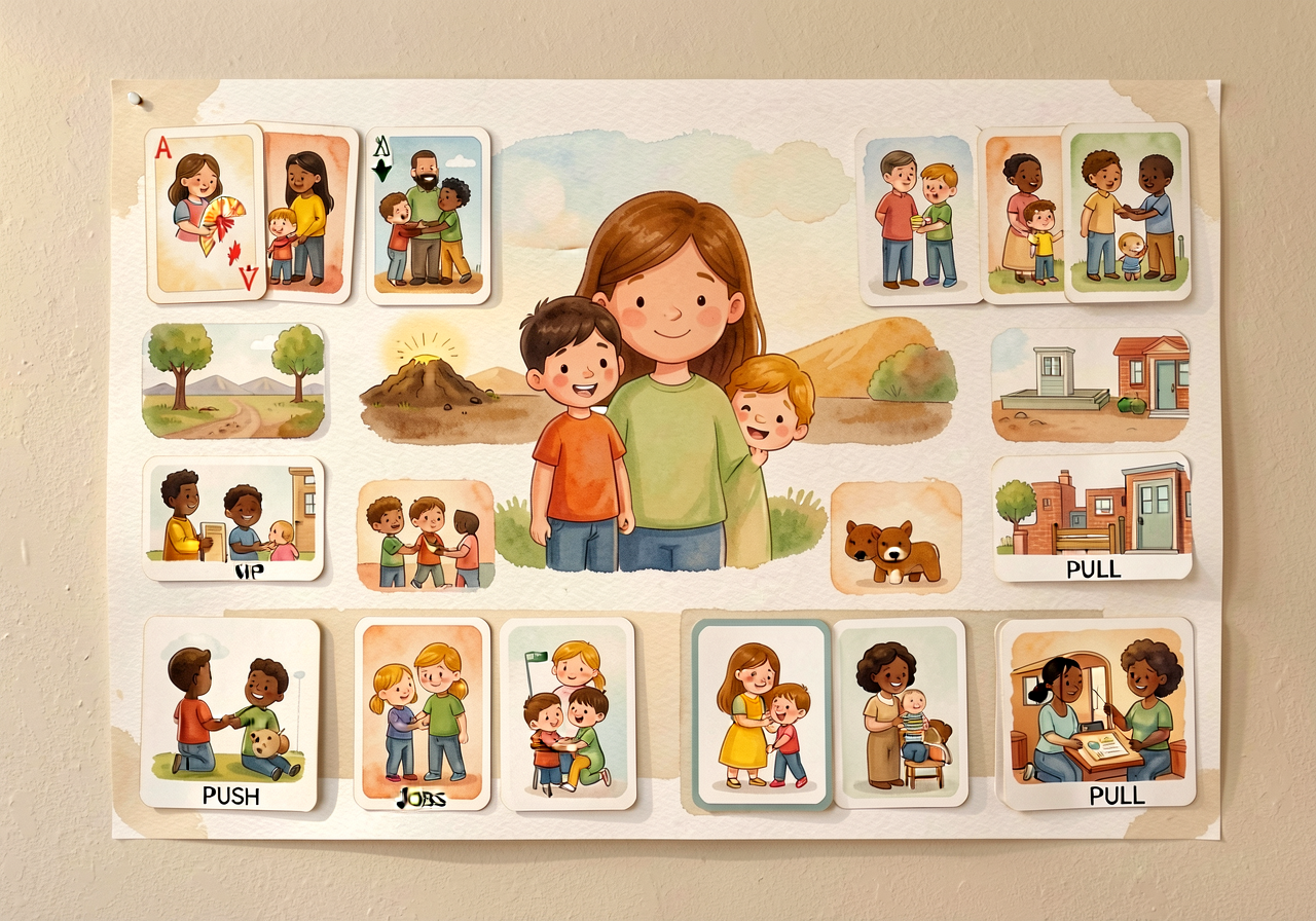Mounted on classroom wall at child-eye-height. Used in lesson 4 push/pull sort. The 4-card sort exercise uses simplified