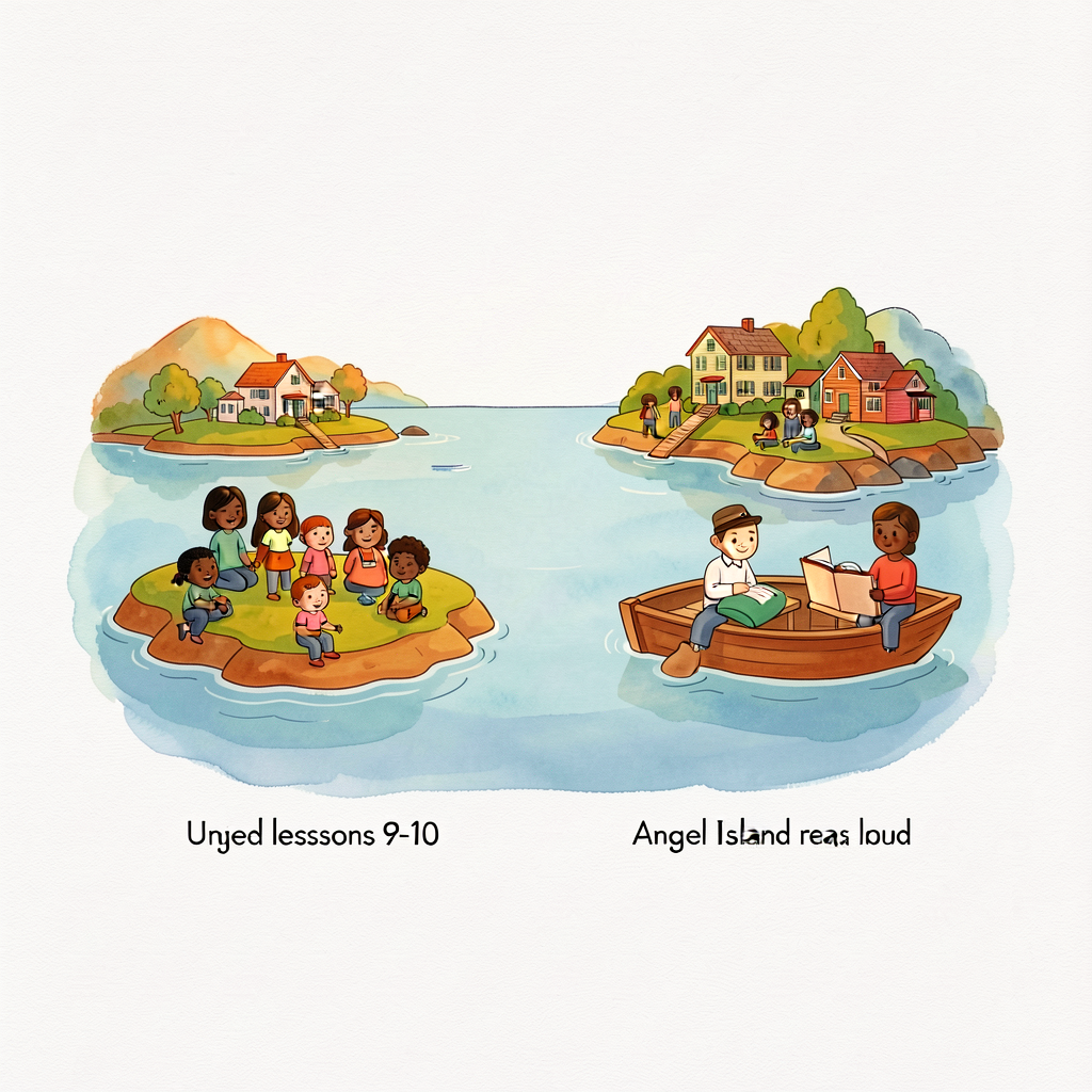 Mounted on classroom wall at child-eye-height. The visual equal attention to both islands is INTENTIONAL - the unit corr