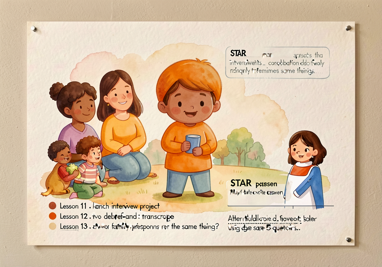 Mounted on classroom wall at child-eye-height; also distributed as a take-home card. Used in lesson 11 to launch the int
