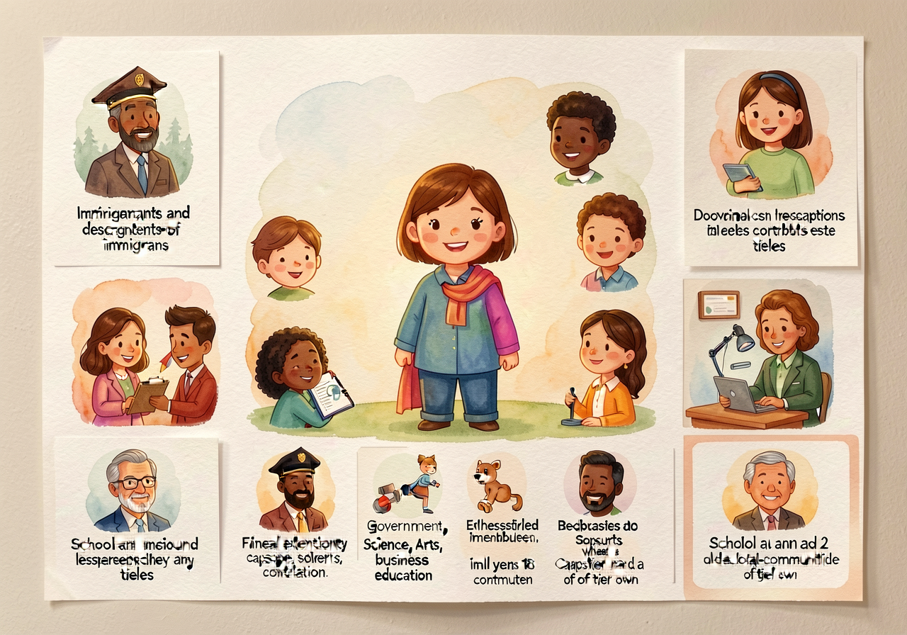 Mounted on classroom wall at child-eye-height. CRITICAL counter-trope tool: shows that immigrants and descendants-of-imm