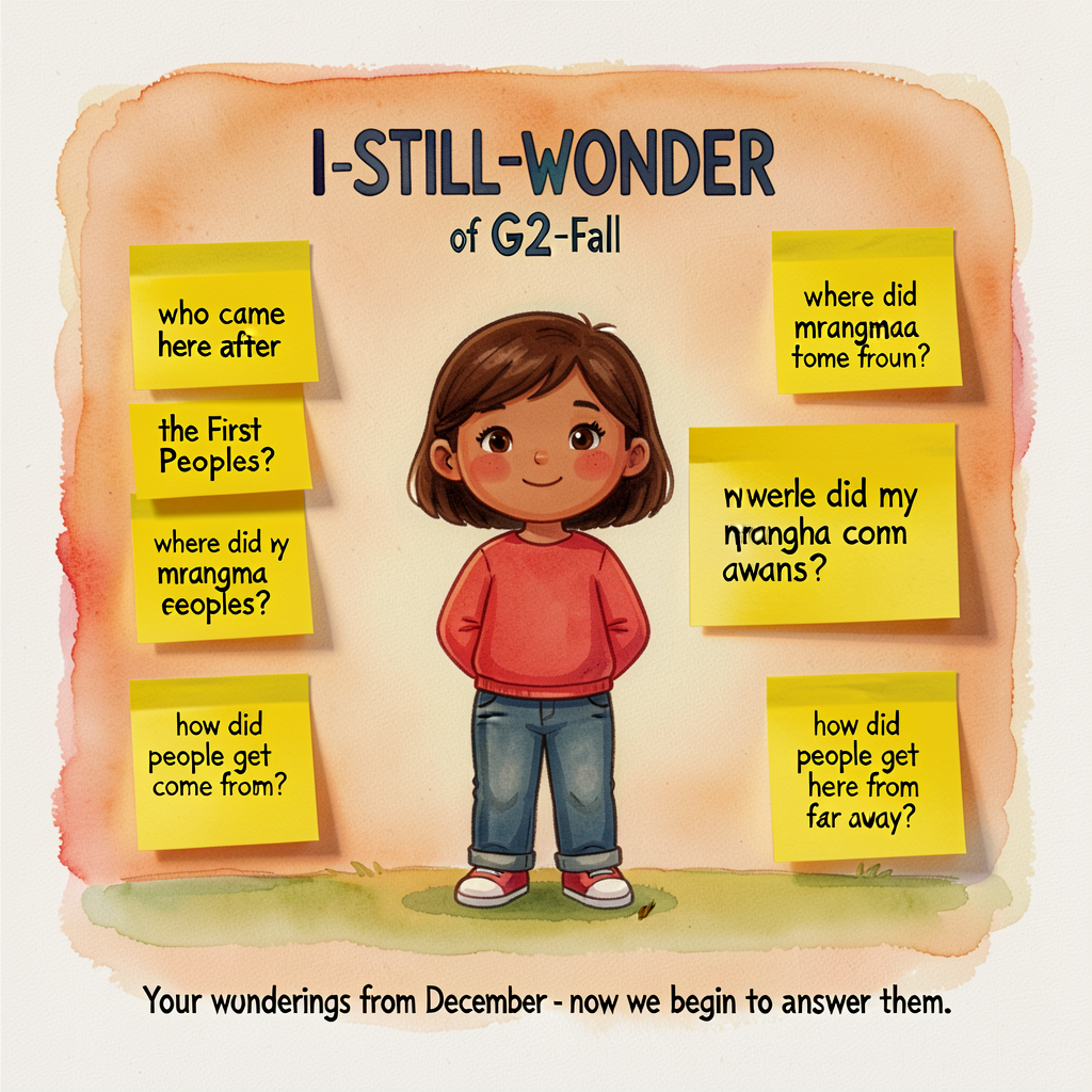 Photo 11x17 of the actual class I-STILL-WONDER chart from the end of G2-Fall, with yellow sticky-notes showing children'