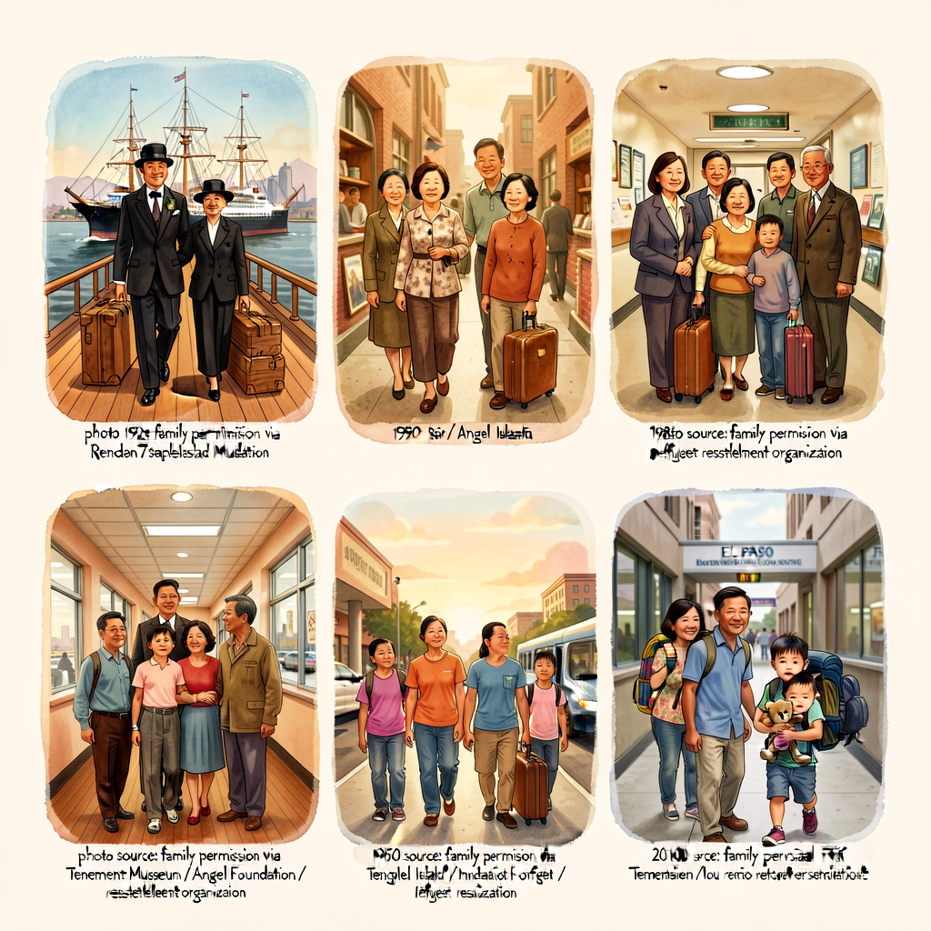5-photo collage 11x17 with 5 anonymized historical family photographs: (1) 1920s ship-deck arrival NY harbor, formal clo