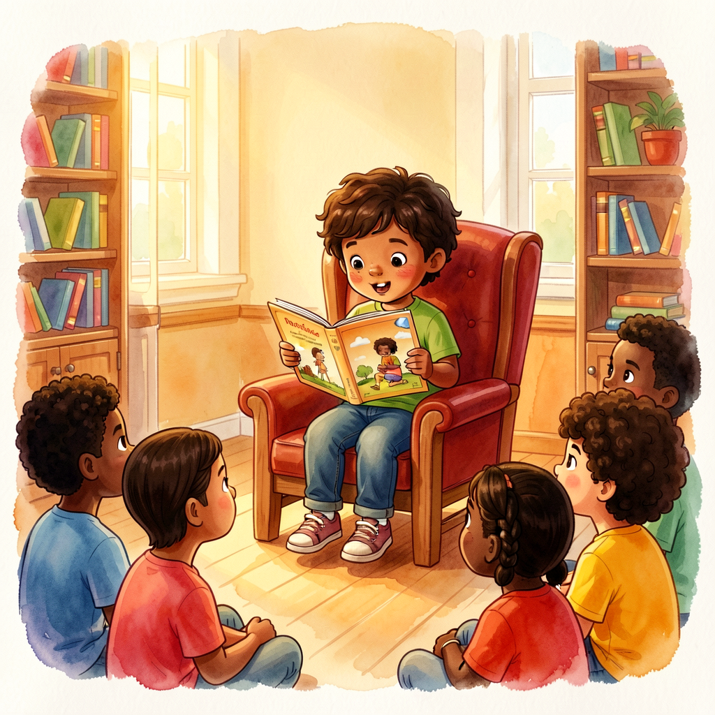 Reproduction of M-2-F-WR-18-B: Grade-2 child in author's chair reading published booklet aloud to attentive classmates. 