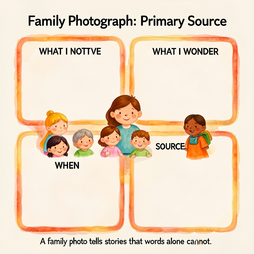 Card template 8.5x11 portrait, 4 boxes: (1) WHAT I NOTICE (3 lines, fact-based); (2) WHAT I WONDER (2 lines, question-ba