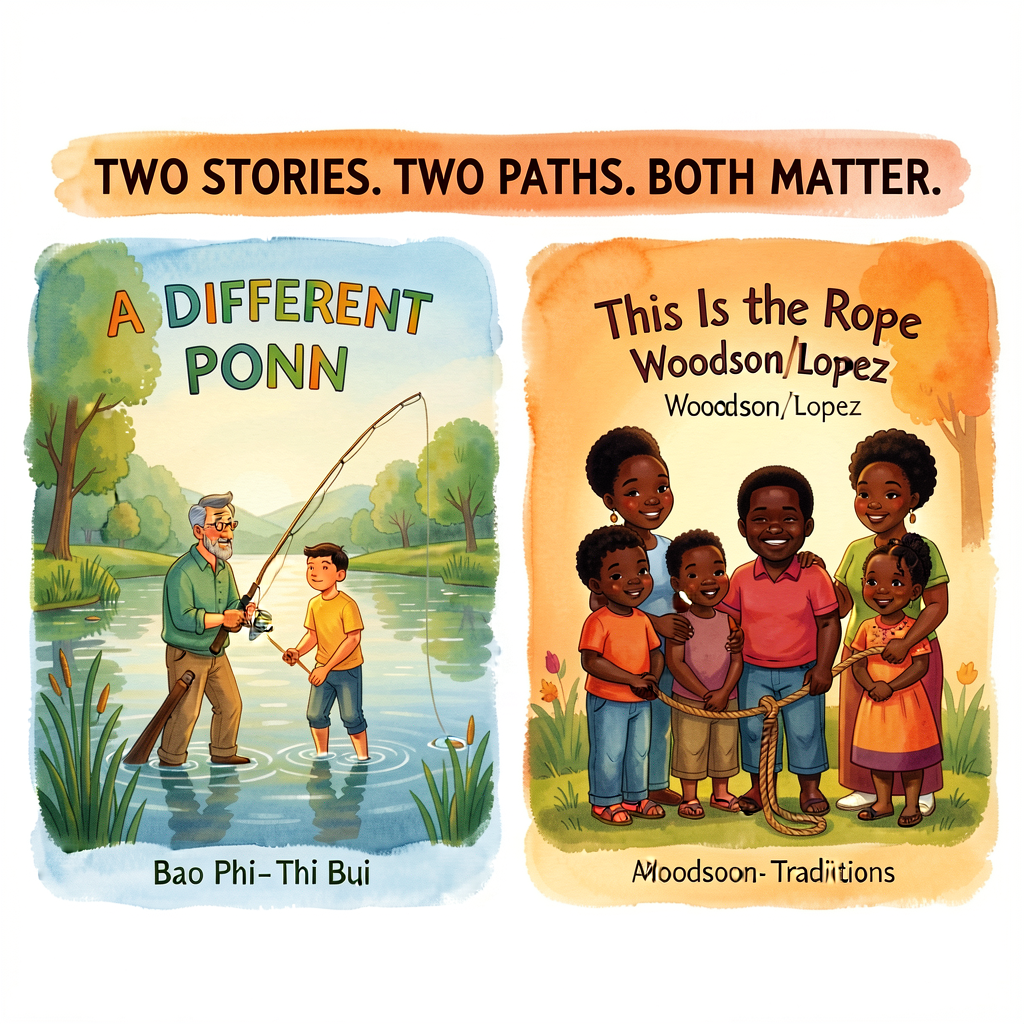 Image 11x17 showing both book covers side-by-side: A Different Pond (Bao Phi/Thi Bui) on left with father-son fishing il