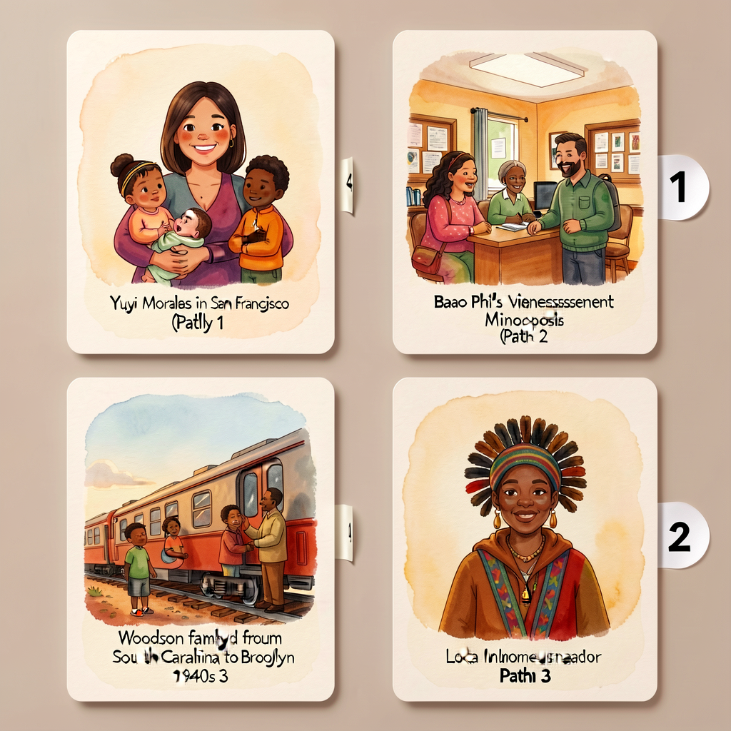 Card set of 4 cards 5x7, each card shows one named family with a small portrait or scene illustration and a one-sentence