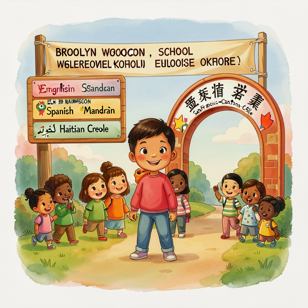 Photo set 11x14 showing two example bilingual welcome signs from real schools (with permission): (1) a Brooklyn elementa