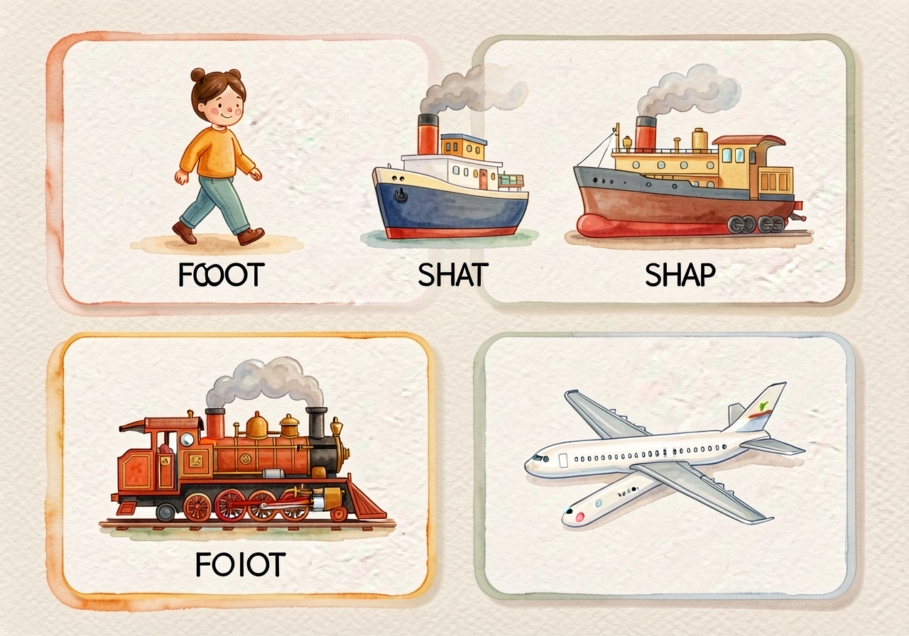 Card set of 4 cards 5x7 with picture icon and word: (1) FOOT/walking figure; (2) SHIP/steamship with smoke; (3) TRAIN/hi