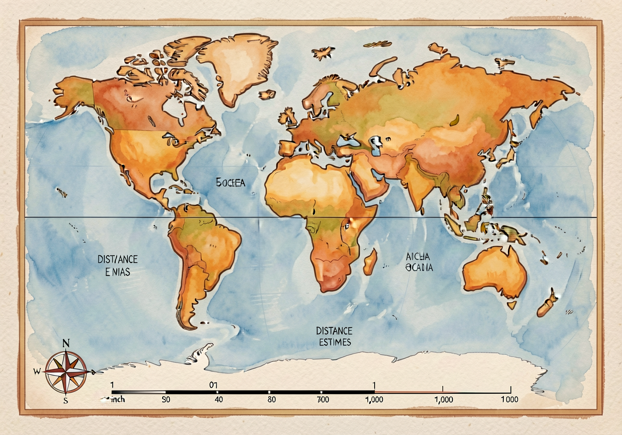 Worksheet map 8.5x11 landscape showing world map with 7 continents outlined, 5 oceans labeled, scale bar at bottom (1 in