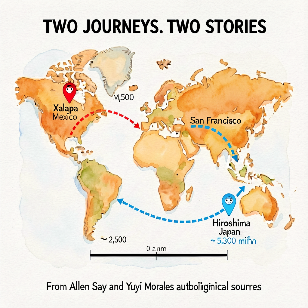 Display map 11x17 showing two example journeys: (1) Xalapa Mexico (red pin) to San Francisco (red pin) with red dashed a