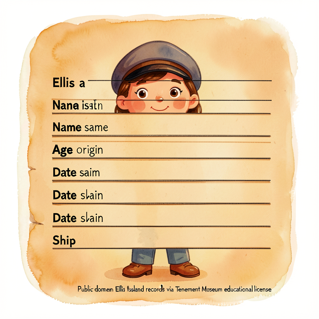 Photo 8.5x11 of a real Ellis Island ship manifest page (Tenement Museum public-domain or EllisIsland.org sample), with 5