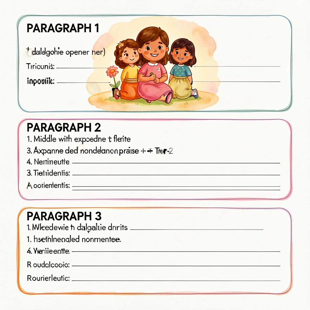 Three-paragraph storyboard template extended: three indented blocks labeled PARAGRAPH 1 (scene + dialogue opener), PARAG