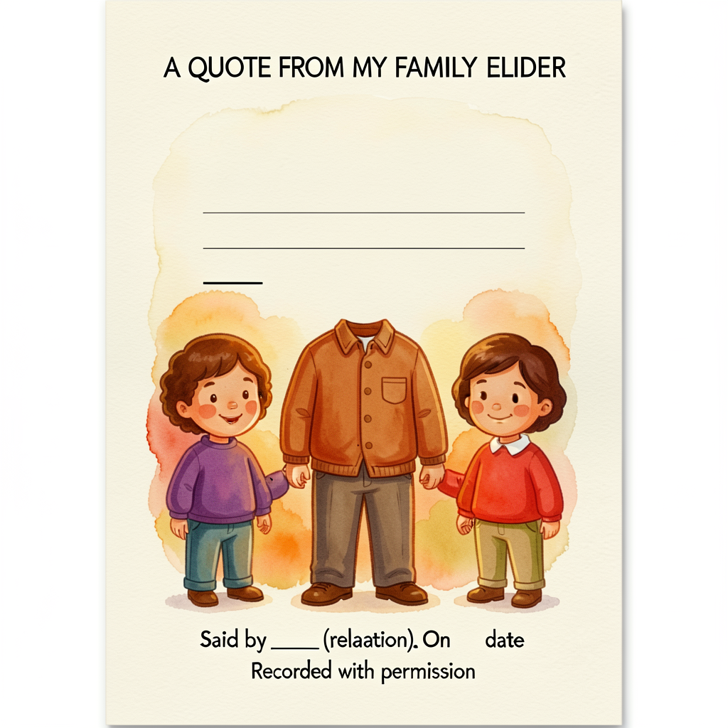 Card template 5x7 portrait, heavy cream cardstock simulation. Top: 'A QUOTE FROM MY FAMILY ELDER' header. Center: quote 