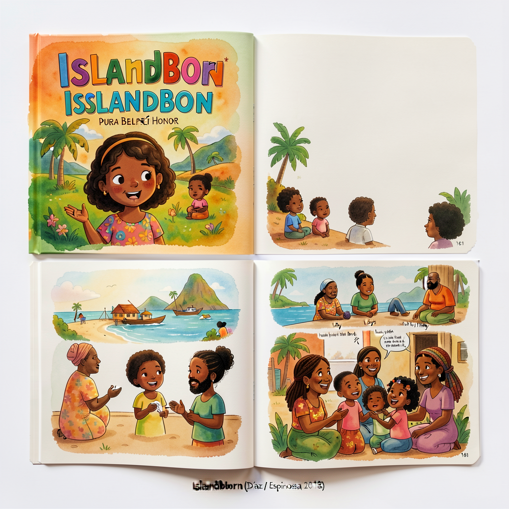 Image 8.5x11 showing Islandborn book cover (Pura Belpré Honor) + one interior spread showing Lola interviewing community