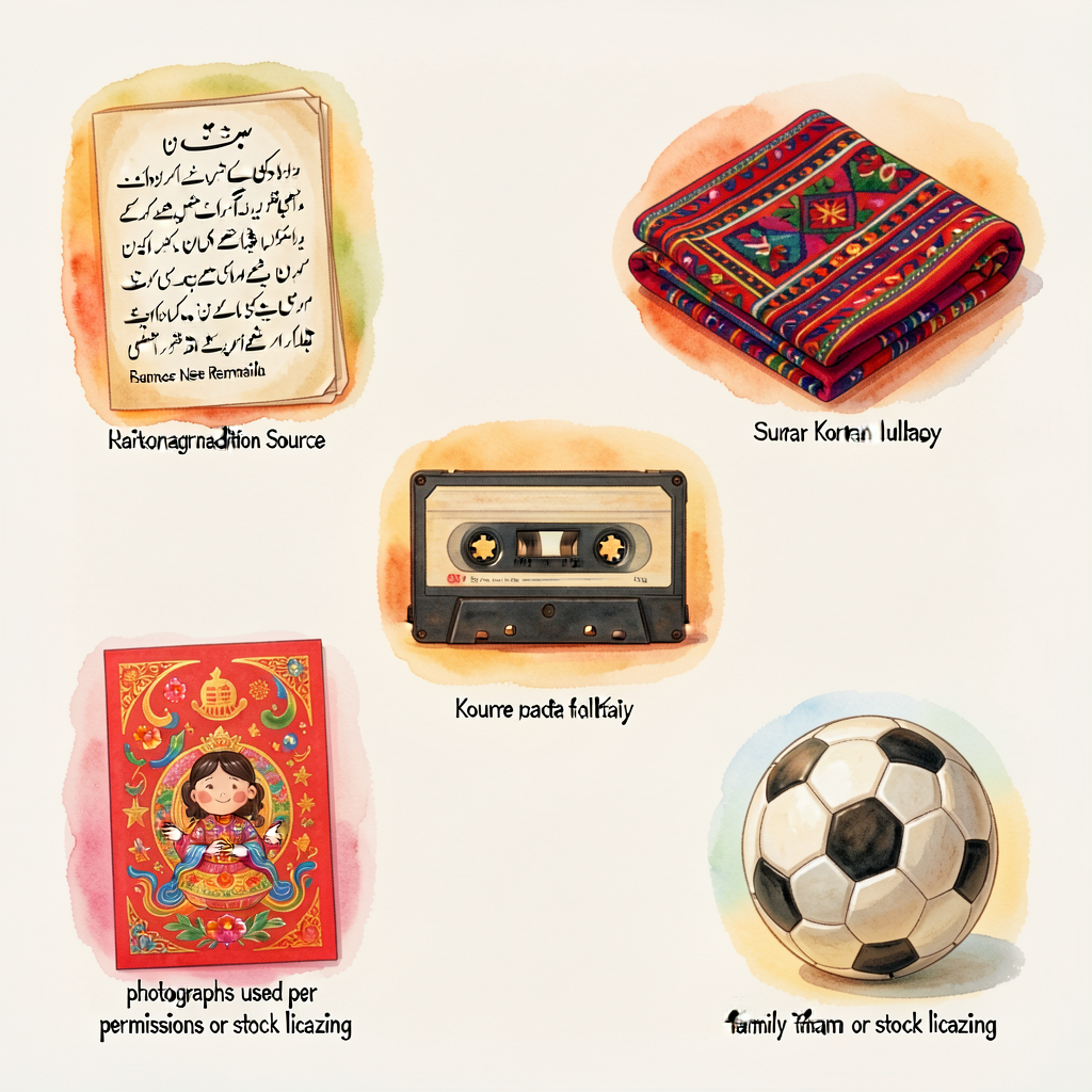 Photo set 11x17 with 6 cultural object photographs: (1) handwritten recipe card in Urdu and English; (2) folded Mexican 