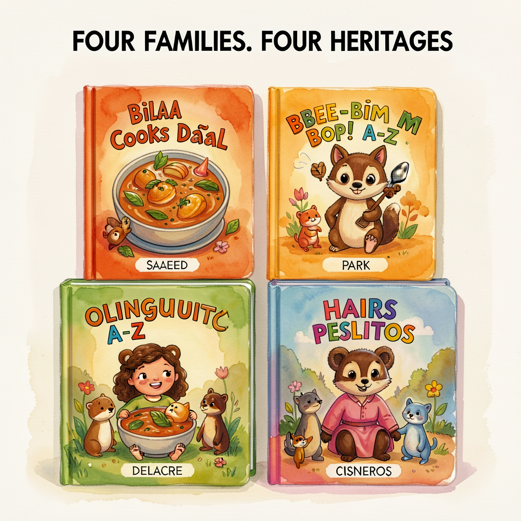 Image 11x14 showing 4 book covers stacked: Bilal Cooks Daal (Saeed) / Bee-bim Bop! (Park) / Olinguito A-Z (Delacre) / Ha