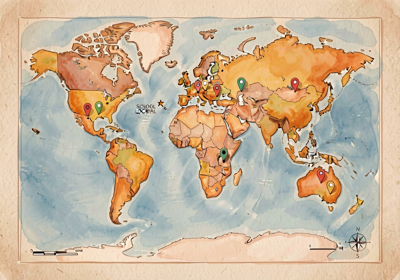 Display map 60x40 landscape laminated showing world map with 7 continents, 5 oceans, country borders light gray, school 