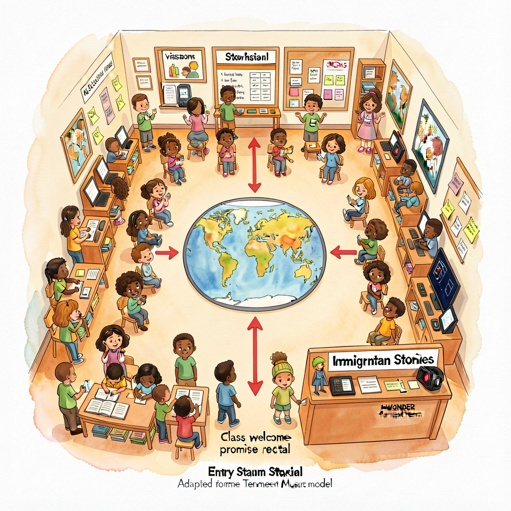 Layout map 24x18 top-down view of classroom showing Immigration Stories Gallery layout: 22 child stations arranged in U 