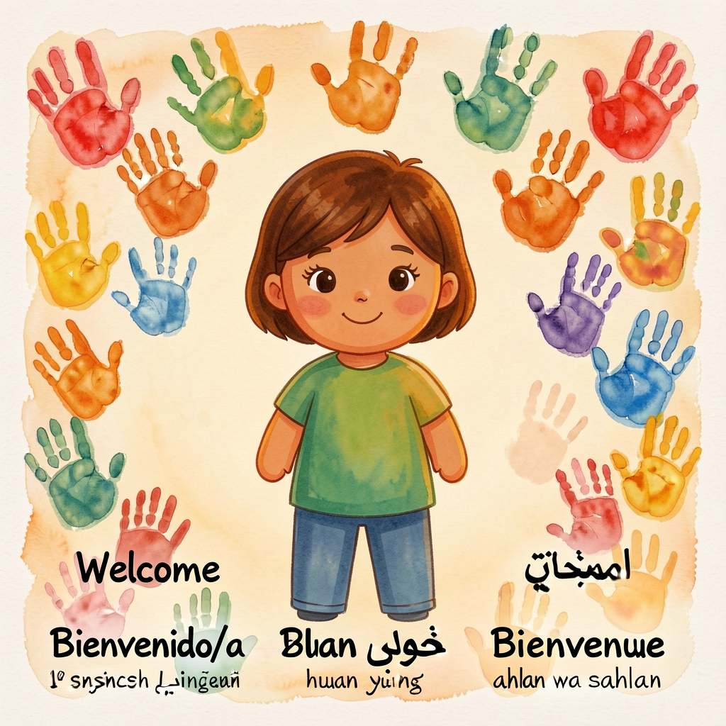Card template 4x6 with welcome message in 5 languages: English ('Welcome') / Spanish ('Bienvenido/a') / Mandarin (huan y