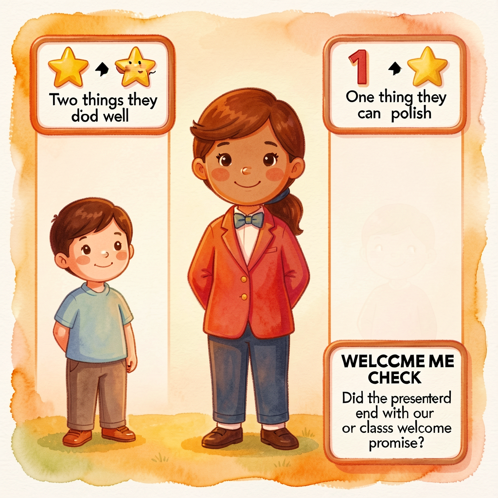 Card 8.5x11, 3 sections: (1) 2 STARS box 'Two things they did well'; (2) 1 WISH box 'One thing they can polish'; (3) WEL
