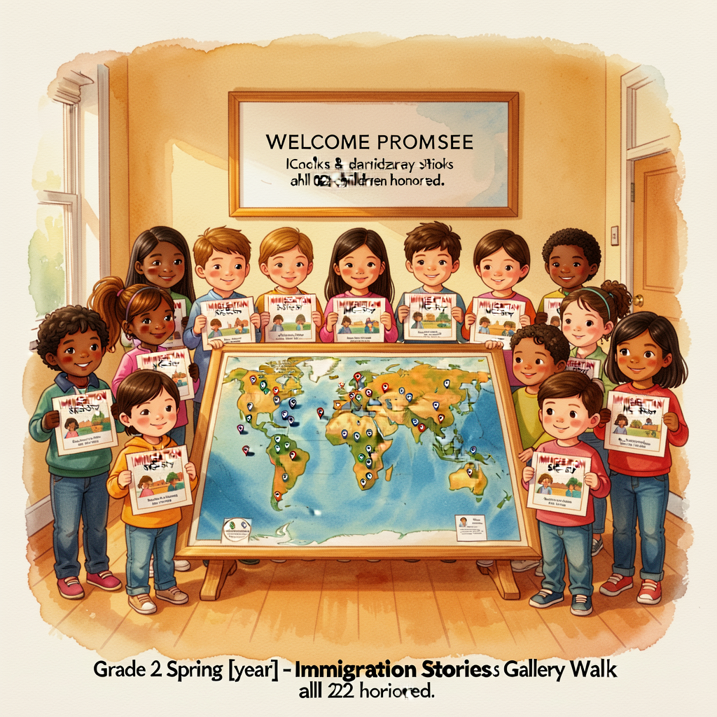 Photo 8x10 of the entire class gathered around MG-5 World Map showing all pins placed. Each child holding their final Im