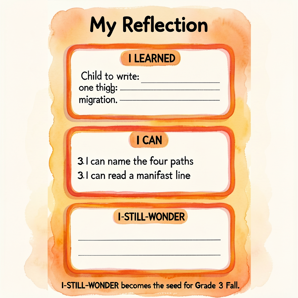 Worksheet 8.5x11 portrait with 3 boxes stacked: (1) I LEARNED box (3 lines for child to write or dictate one thing learn