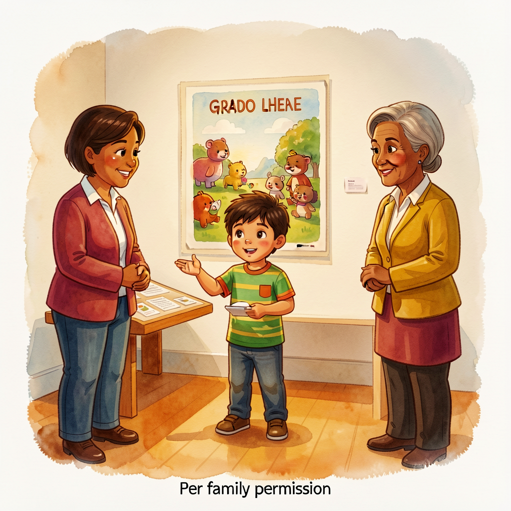 Photo 8x10 of a Grade-2 child at their gallery station presenting to two visitor adults. Poster visible. Style: respectf