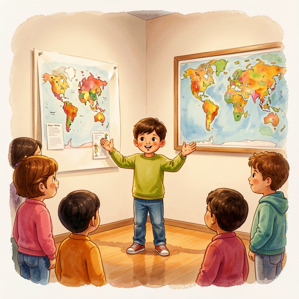 Photo 8x10 of a Grade 2 child presenting at a gallery station to visitors, with poster and world-map context visible. So