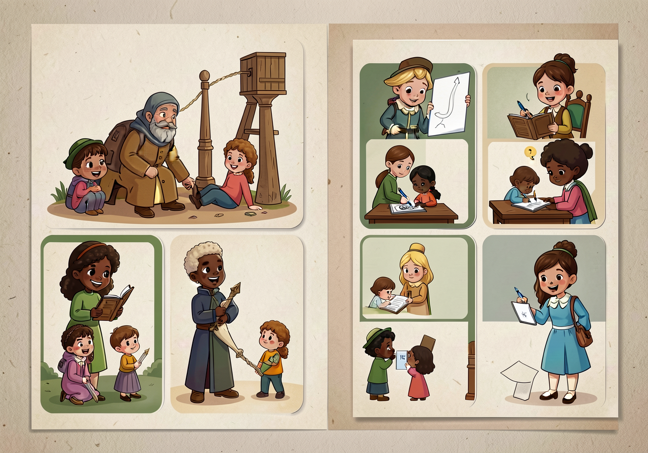 One physical card per child + a wall-sized version of the same card. Used in lessons 6-12 on every source type. Children