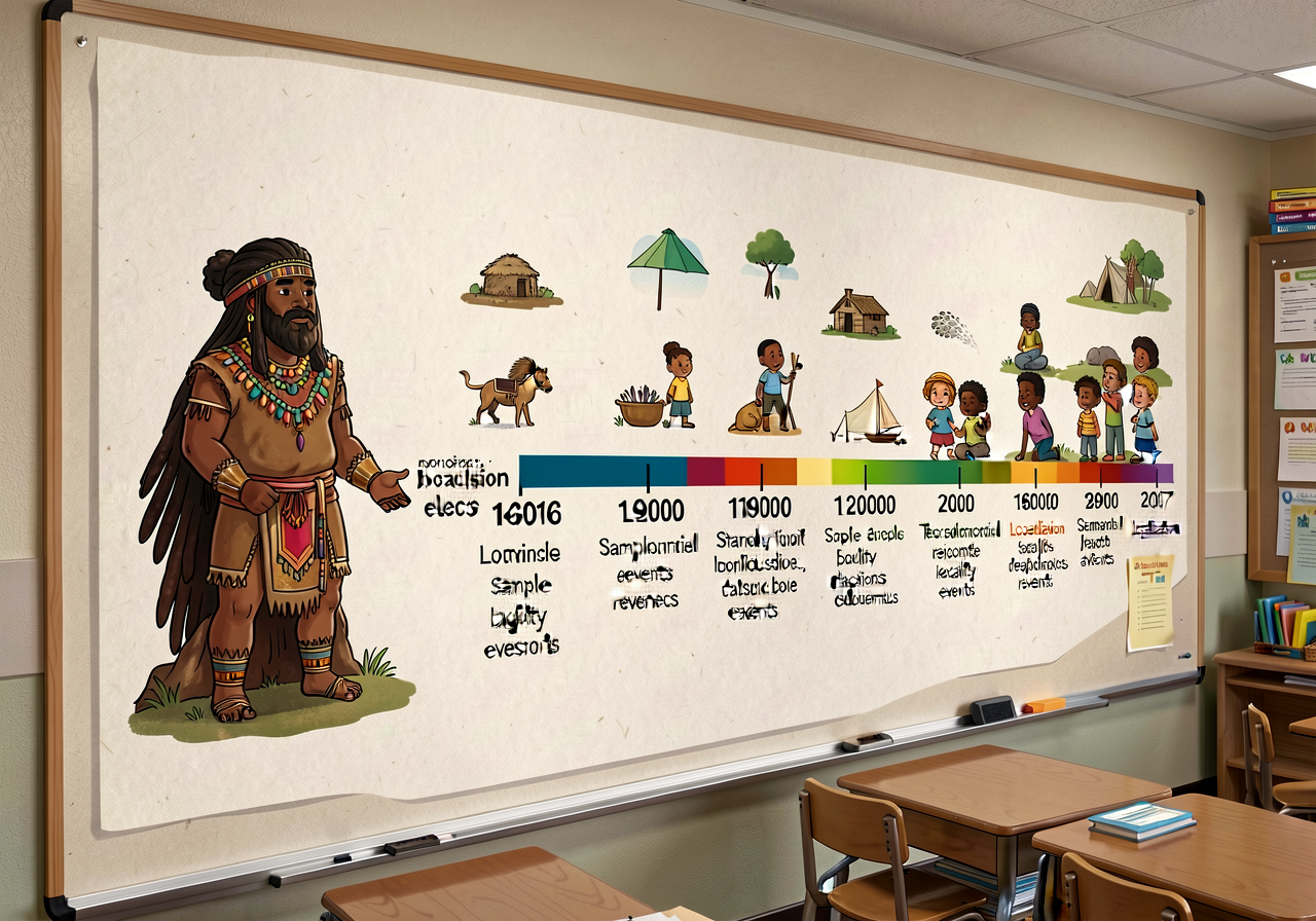 Mounted along one full classroom wall at child-eye-height. The intentional LEFT-anchor in time-immemorial Indigenous pre