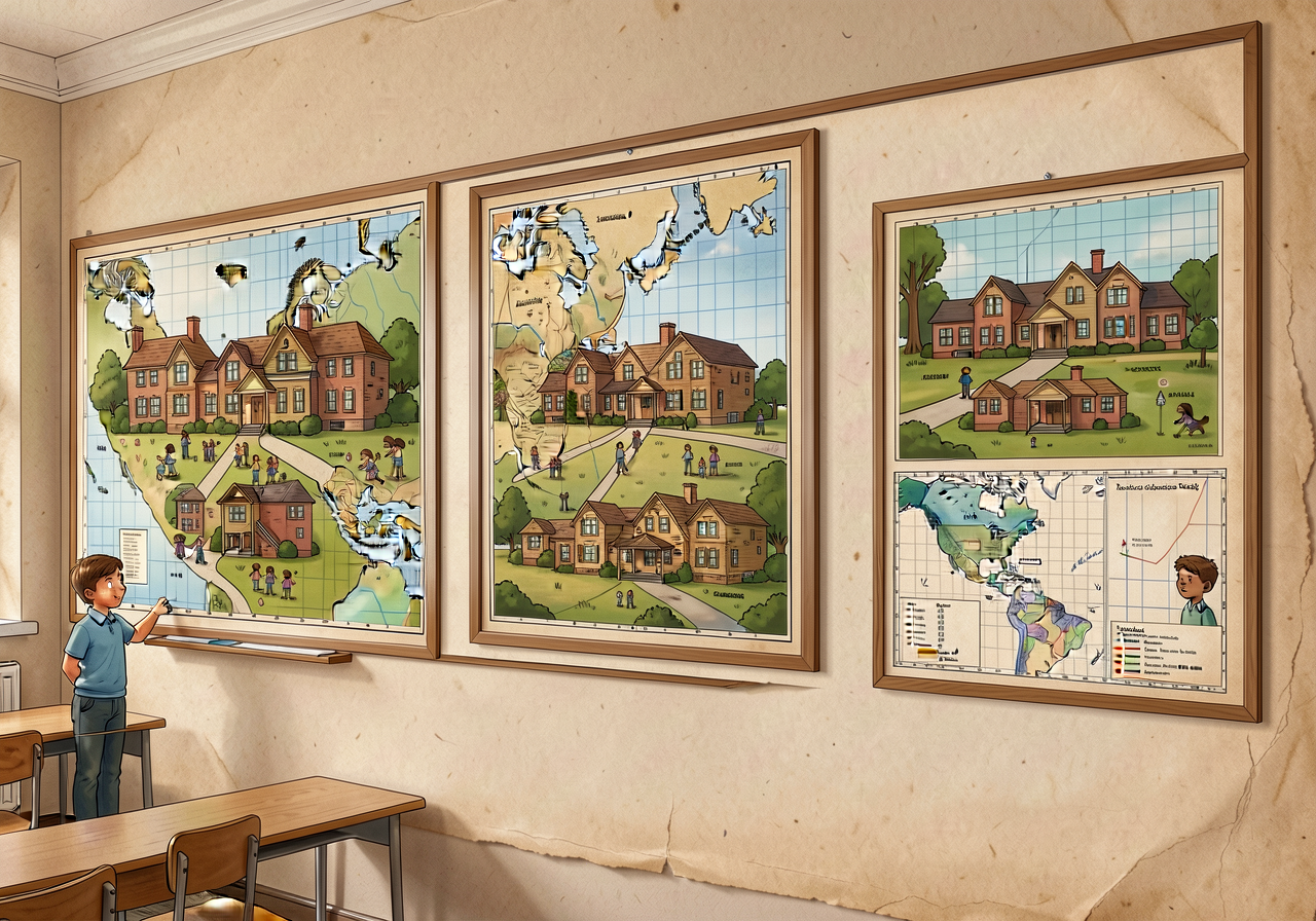 Mounted along one classroom wall as a coordinated set. The three-scale framing is INTENTIONAL - it teaches nested scale,