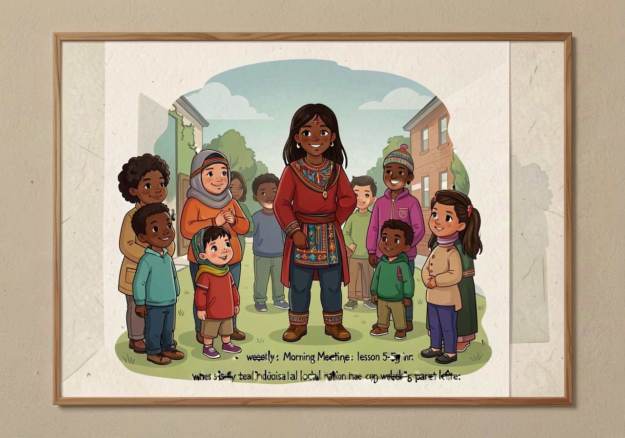 Mounted on classroom wall at child-eye-height; mirrored at the school entrance with administration permission. Recited w