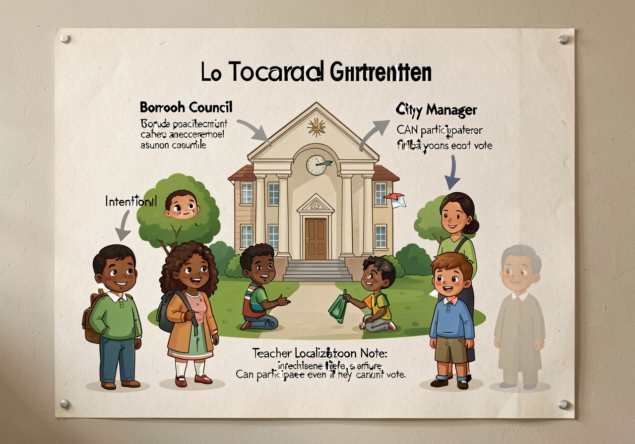 Mounted on classroom wall at child-eye-height. Used in lesson 16 to introduce local government structure. Teacher Locali