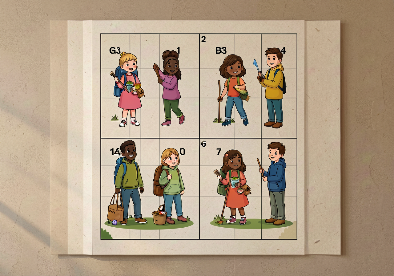 Mounted on classroom wall at child-eye-height. Used in lesson 14 for the school-yard treasure-hunt routine. The 4-figure
