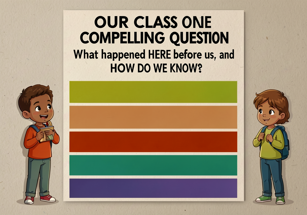 24x36 laminated chart titled 'OUR CLASS COMPELLING QUESTION' in 48pt at top. Below in 36pt: 'What happened HERE before u