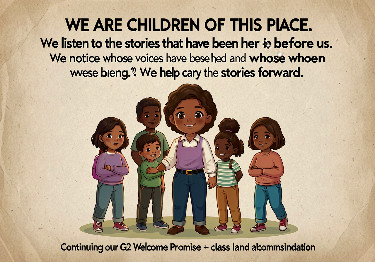 MG-8 reproduction at 24x36 laminated parchment style. Text in 36pt: 'WE ARE CHILDREN OF THIS PLACE. We listen to the sto