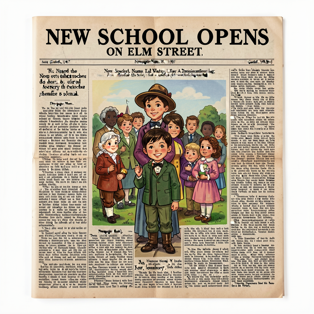 8.5x11 scan of one historic local newspaper front-page article from 1890s-1950s. Teacher-localized via local historical 
