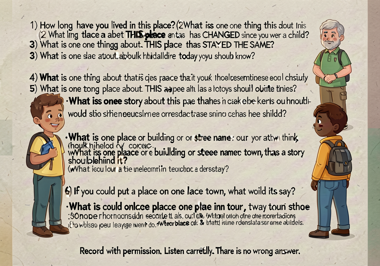 5x7 laminated card with 6 questions in 18pt: (1) How long have you lived in this place? (2) What is one thing about THIS