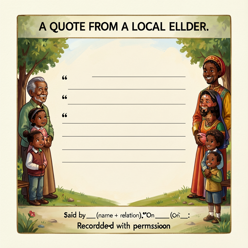 5x7 heavy cream cardstock card. Header: 'A QUOTE FROM A LOCAL ELDER.' Center: 4-line quote space with quotation-mark pro